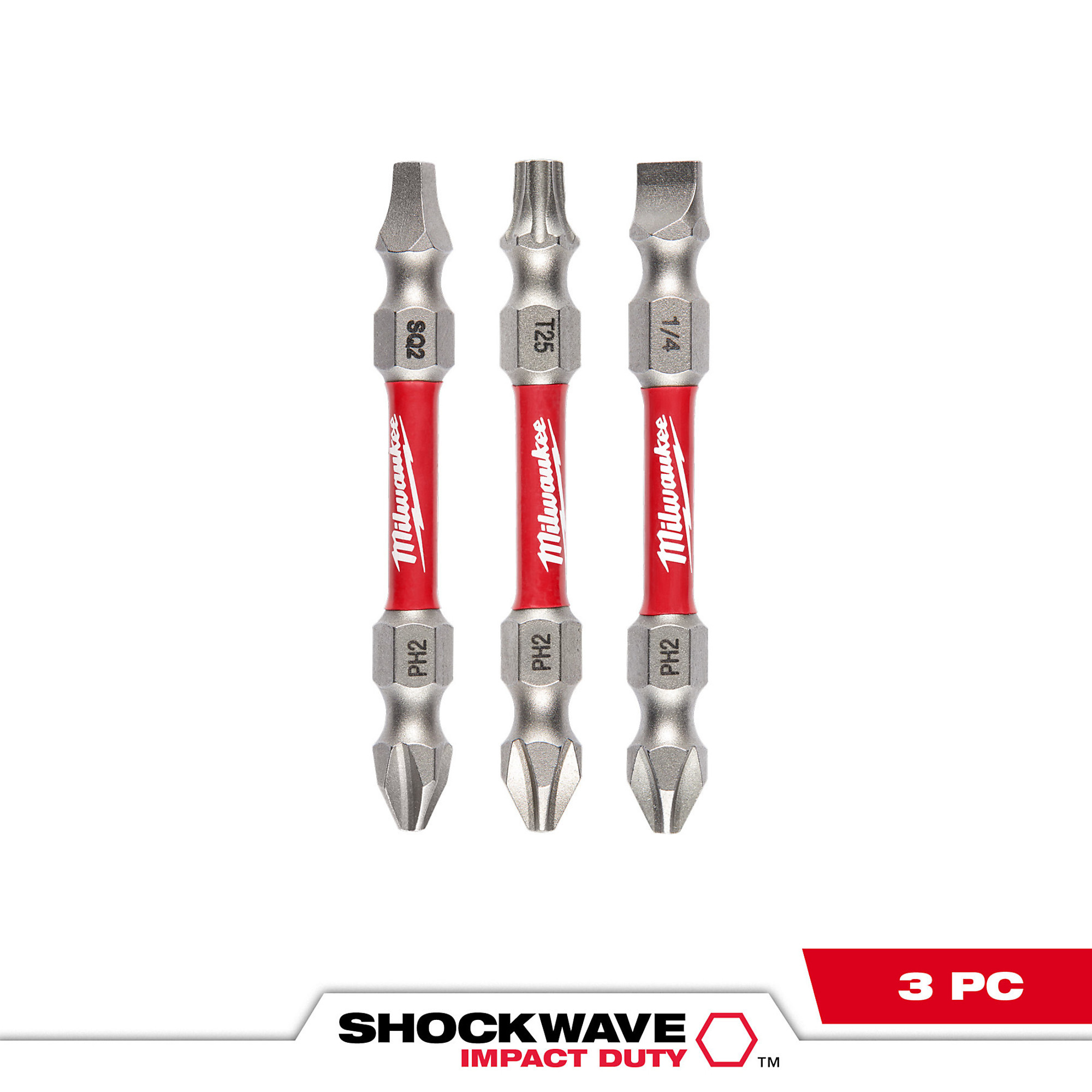 Milwaukee 3PC SHOCKWAVE™ Impact Duty PH2/SQ2/T25 Double Ended Bits, Model# 48-32-4319
